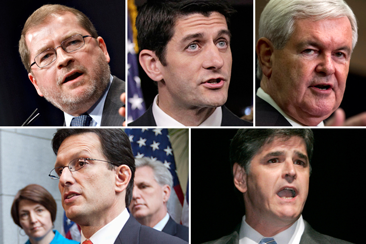 Clockwise from top left: Grover Norquist, Paul Ryan, Newt Gingrich, Sean Hannity, Eric Cantor (AP)