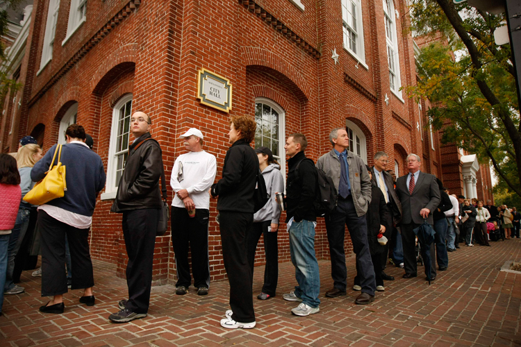 People line up to vote in the early morning at City Hall in Alexandria, Va., Tuesday, Nov. 4, 2008. (AP Photo/Gerald Herbert) (Gerald Herbert)