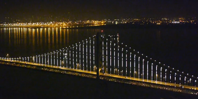 Installation shot of Leo Villareal’s “The Bay Lights” (Screencapture by Hyperallergic)