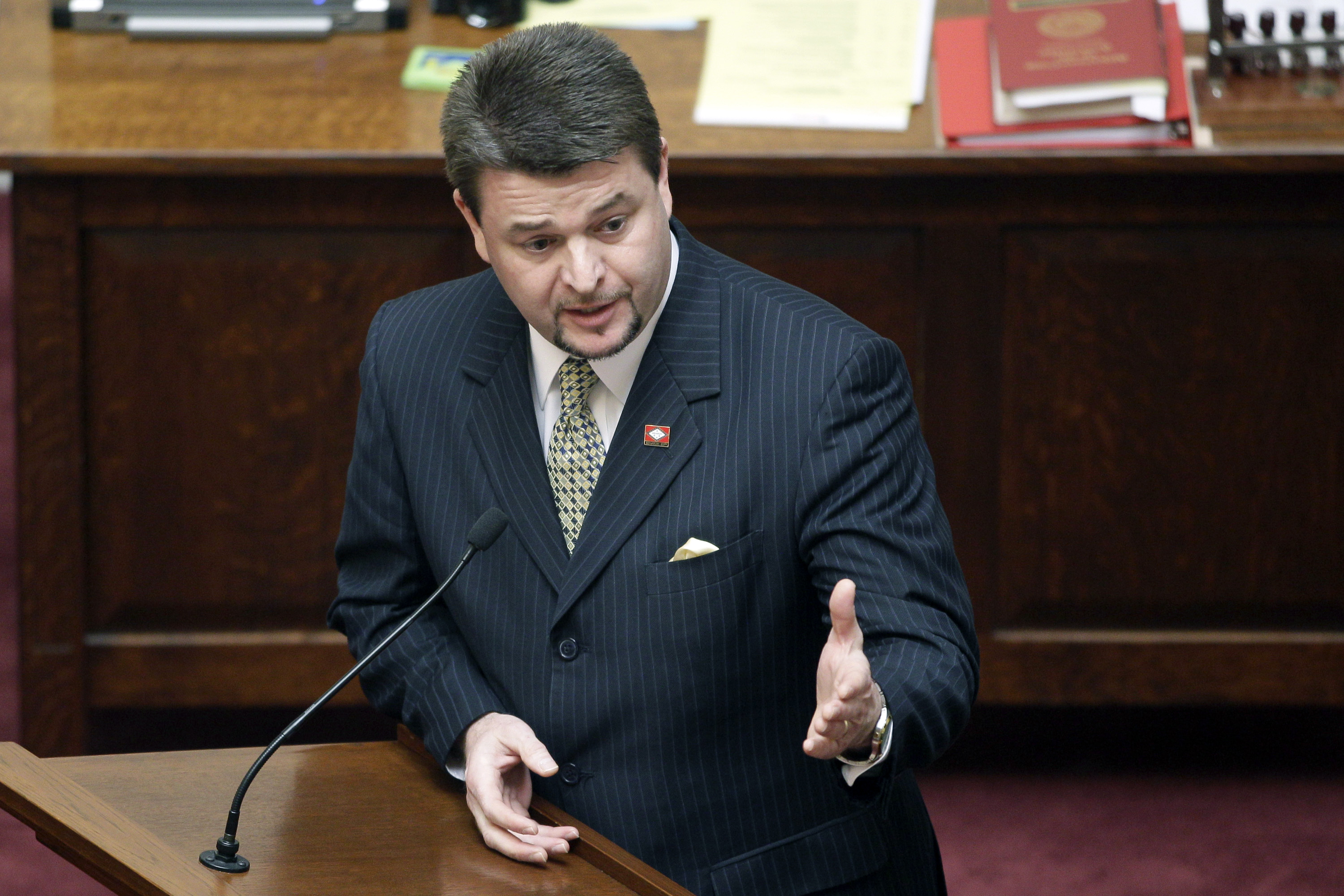 Sen. Jason Rapert, R-Conway, speaks in the senate chamber at the Arkansas state Capitol in Little Rock, Ark. (AP/Danny Johnston)