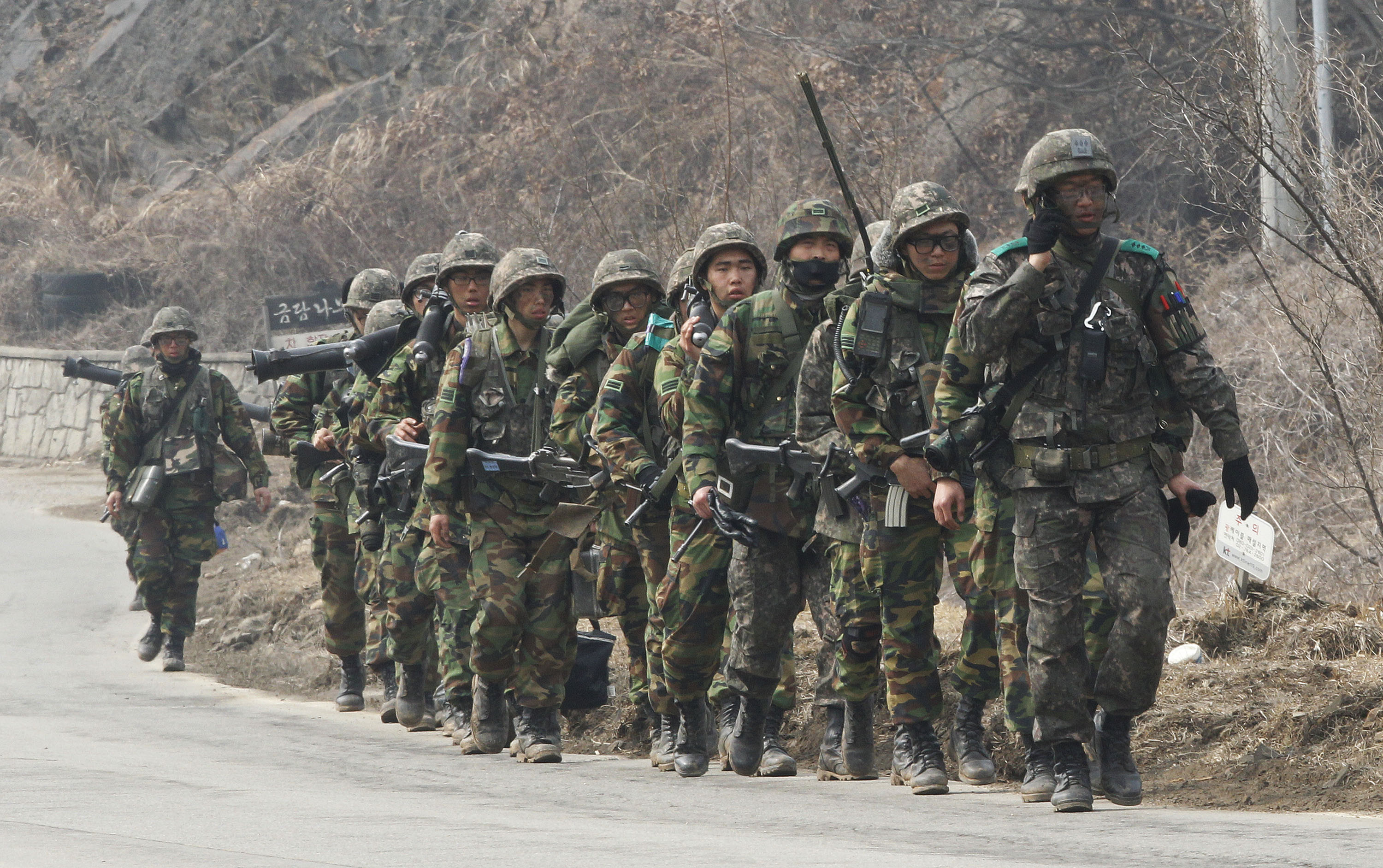 South Korean army soldiers march during an exercise near the demilitarized zone of Panmunjom in Paju, South Korea. (AP/Ahn Young-joon)