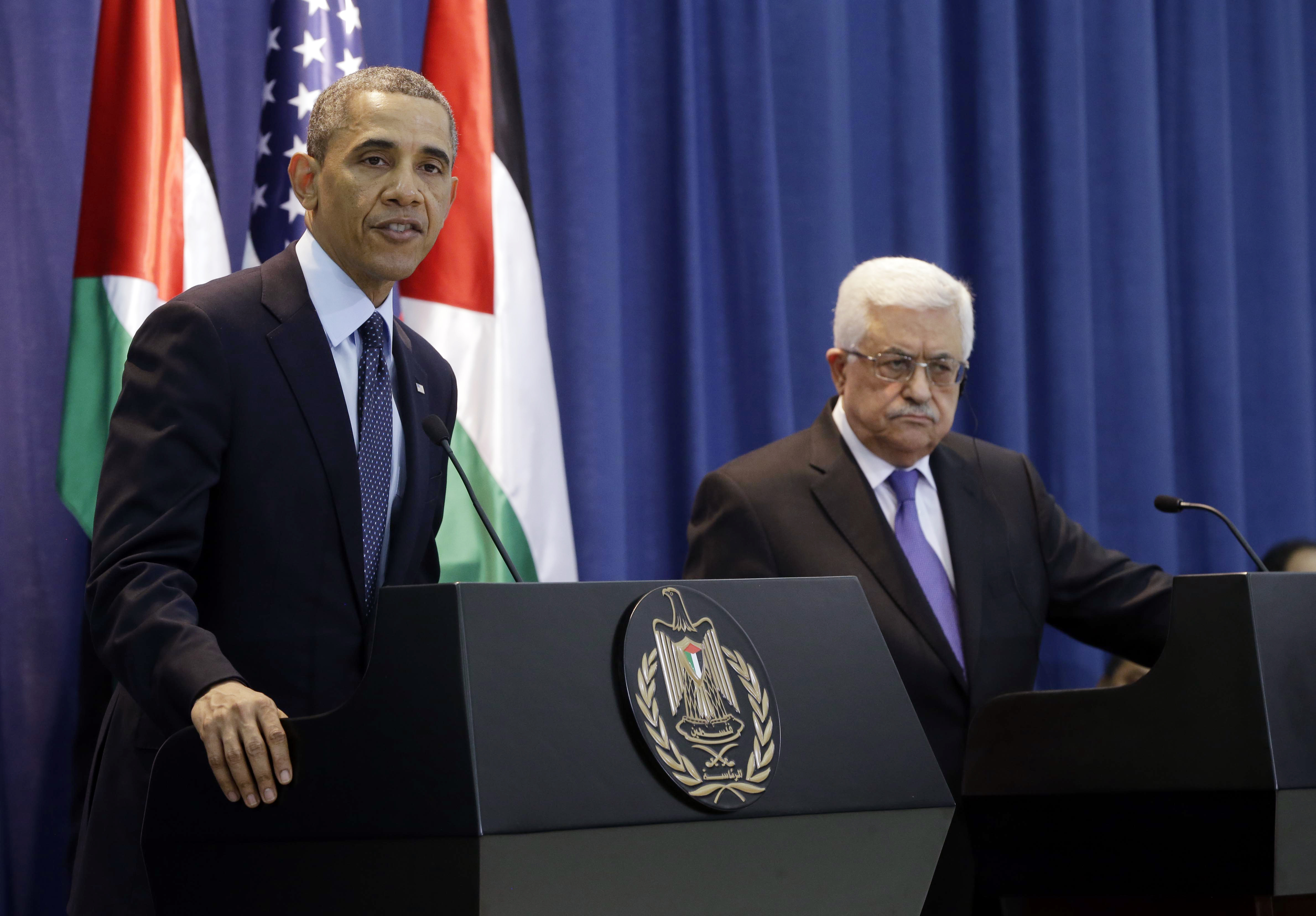 US President Barack Obama and Palestinian President Mahmoud Abbas during their joint news conference at the Muqata President Compound in the West Bank city of Ramallah, Thursday, March 21, 2013. (AP/Pablo Martinez Monsivais)