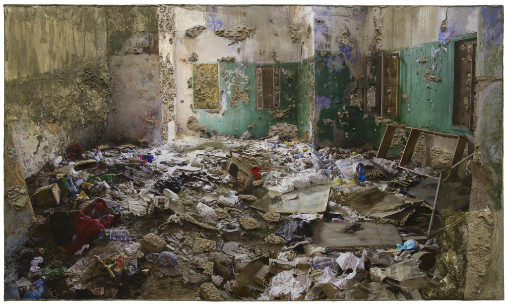 Naomi Safran-Hon, “Wadi Salib: Living Room with 4 Windows” (2013), archival ink jet print, lace, and cement on canvas, 72.5 x 42.5 in (Hyperallergic   Image courtesy the artist)