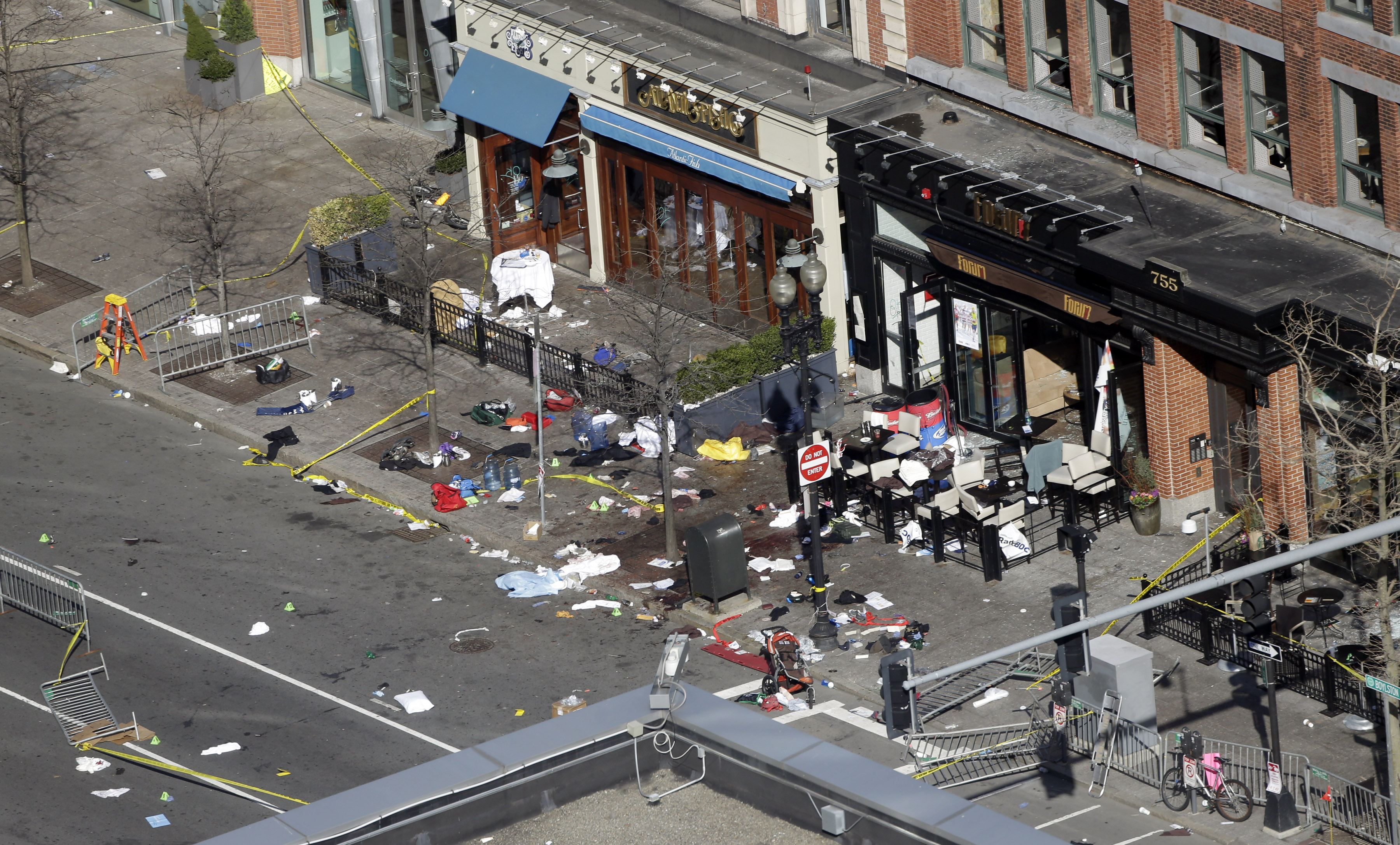 One of the blast sites on Boylston Street near the finish line of the 2013 Boston Marathon. (AP/Elise Amendola)