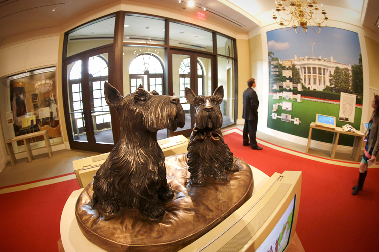 Busts of presidential pets Barney and Miss Beazley, in the George W. Bush Presidential Center. (AP/David J. Phillip)