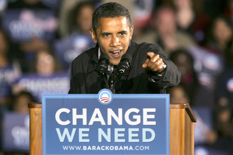 Barack Obama speaks at a rally the night before election day, in Manassas, Va. on Monday, Nov. 3, 2008. (AP/Jacquelyn Martin)