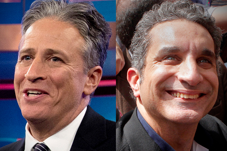 Jon Stewart, Bassem Youssef (AP/Carolyn Kaster/Amr Nabil)
