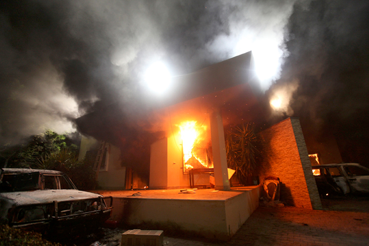 The U.S. Consulate in Benghazi in flames, September 11, 2012. (Reuters/Esam Al-fetori)