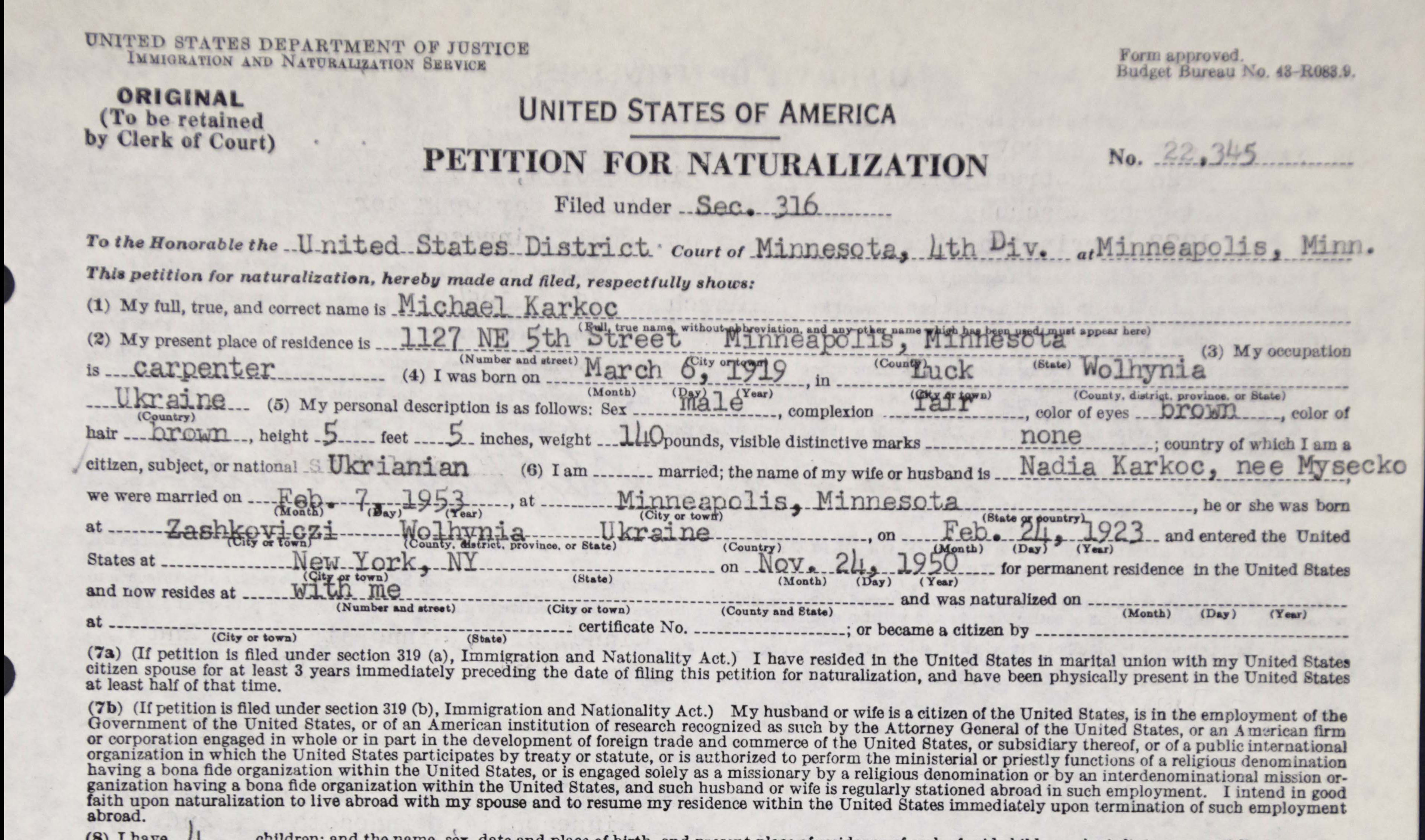 The photo taken  June 3, 2013 in Chicago shows the header of  Michael Karkoc's petition for naturalization obtained from the U.S. National Archives in Illinois. (AP/M. Spencer Green)