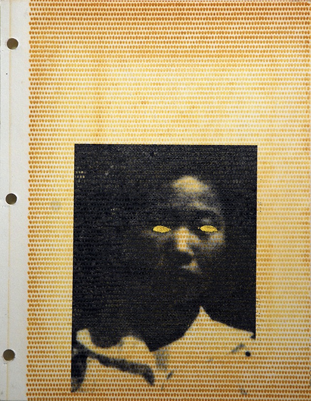 Young Sun Han, “Fantom Border Crosser #2″ (2013). Archival ink and gold leaf on vintage album page, acrylic coating