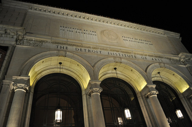 The inscription on the facade of the Detroit Institute of Arts reads, “Dedicated by the people of Detroit to the knowledge and enjoyment of art,” which at this point is starting to sound cruelly ironic. (image via Flickr/glennia)