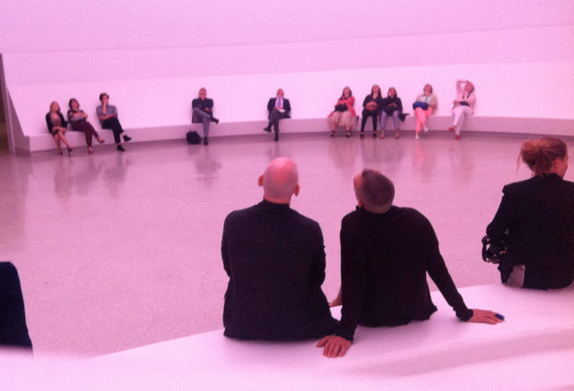Purple-tinted viewers take in “Aten Reign” in the Guggenheim’s lobby (Jillian Steinhauer)