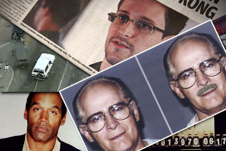 A composite of images featuring OJ Simpson, Whitey Bulger and Edward Snowden (AP/Salon)