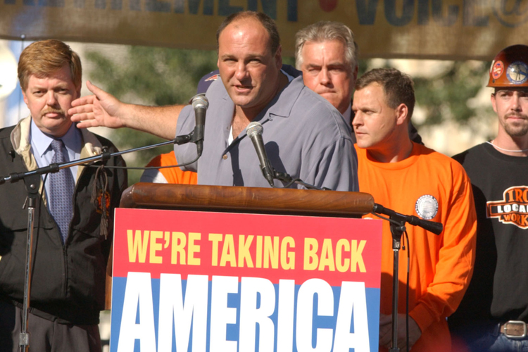 James Gandolfini speaks during a Stop Bush rally organized by the Central Labor Council on Sept. 1, 2004. (AP/Jacqueline Larma)