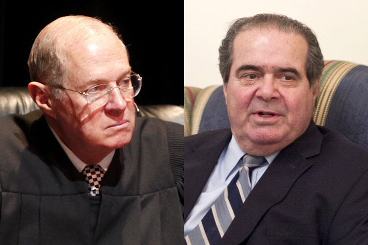 Supreme Court Justices Anthony Kennedy, Antonin Scalia (AP/Damian Dovarganes/Haraz N. Ghanbari)
