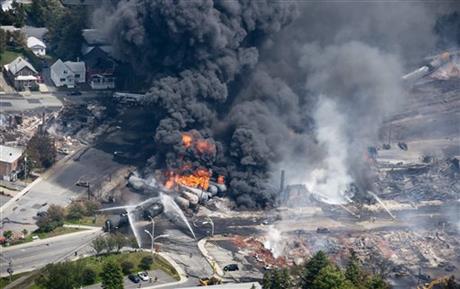 Smoke rises from railway cars that were carrying crude oil after derailing in downtown Lac Megantic, Quebec, Canada, Saturday, July 6, 2013. A large swath of Lac Megantic was destroyed Saturday after a train carrying crude oil derailed, sparking several explosions and forcing the evacuation of up to 1,000 people. (AP Photo/The Canadian Press, Paul Chiasson)