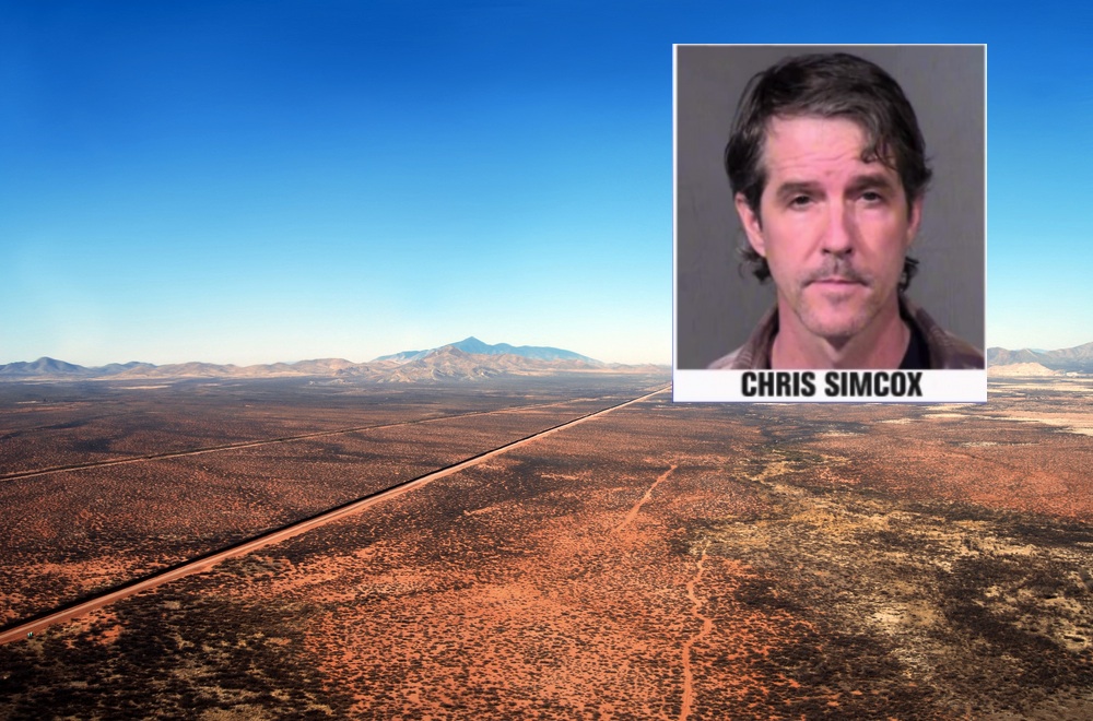 Aerial of the U.S. Mexico border fence in the Arizona desert. Foreground: mugshot of Chris Simcox. (Frontpage/Shutterstock and Phoenix Police)