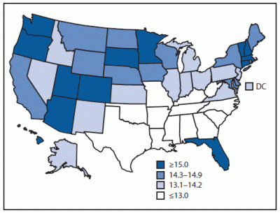 This map shows how long state residents can expect to be healthy after age 65 (Centers for Disease Control and Prevention)