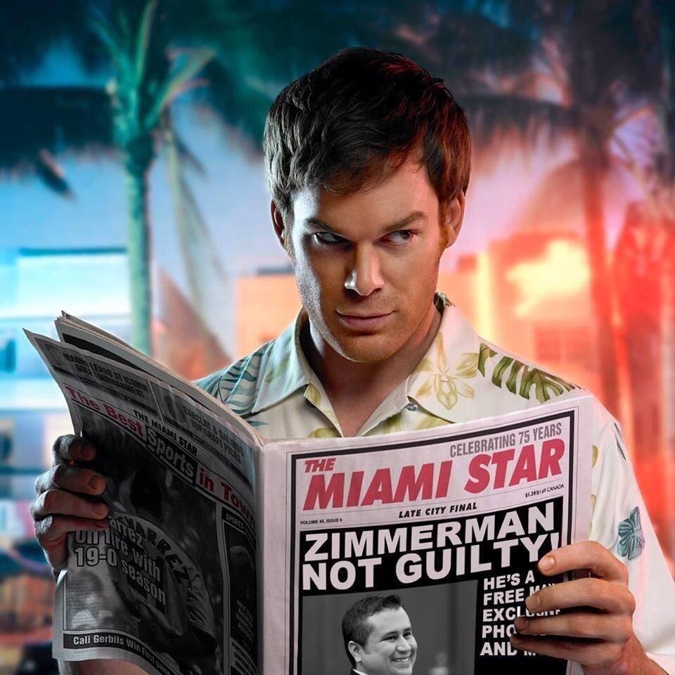 A photoshopped image of Dexter reading about Zimmerman's acquittal (dexterpodcast/Flickr)