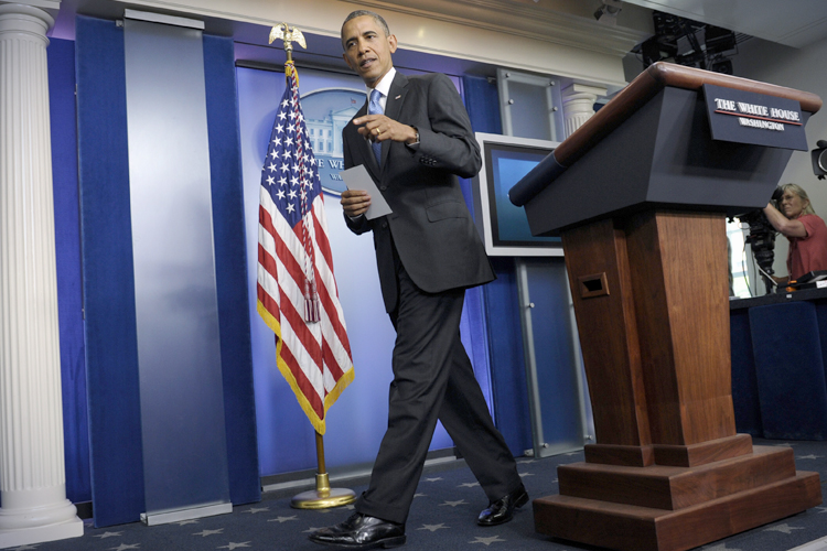 President Barack Obama walks from the podium after the daily White House briefing, July 19, 2013. (AP/Susan Walsh)