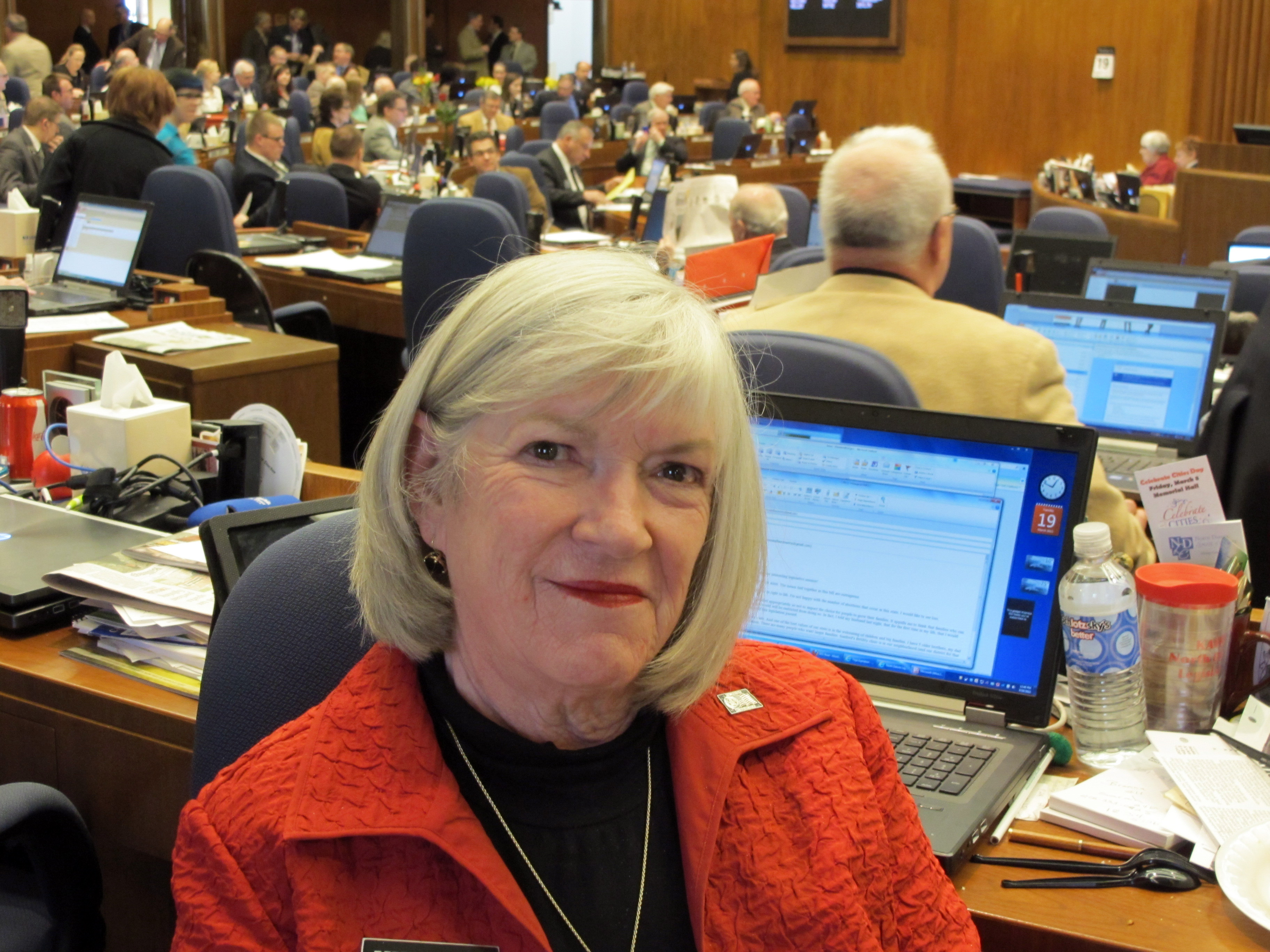 Rep. Kathy Hawken, R-Fargo, poses at the state Capitol in Bismarck, N.D., Tuesday, March 19, 2013. (AP Photo/James MacPherson)