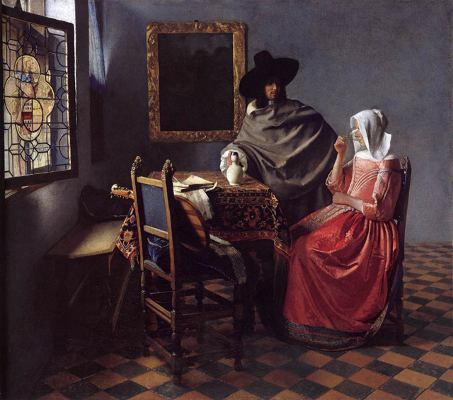 Johannes Vermeer, “A Lady Drinking and a Gentleman” (c. 1658), oil on canvas, 66.3 x 76.5 cm, Staatliche Museen, Berlin (via Web Gallery of Art)