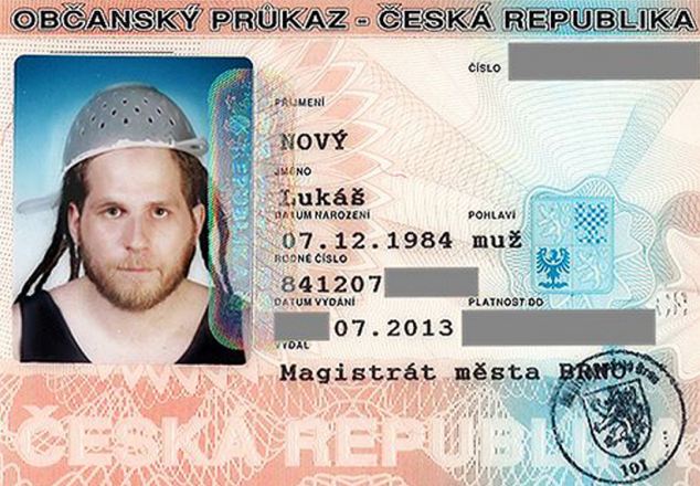 Lukas Novy claims that his Patsafarian faith means he is forced to wear the sieve at all times.