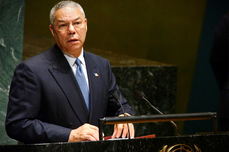 U.S. Secretary of State Colin Powell speaks before the United Nations
General Assembly meeting, in New York, September 16, 2002. (Reuters/Chip East)