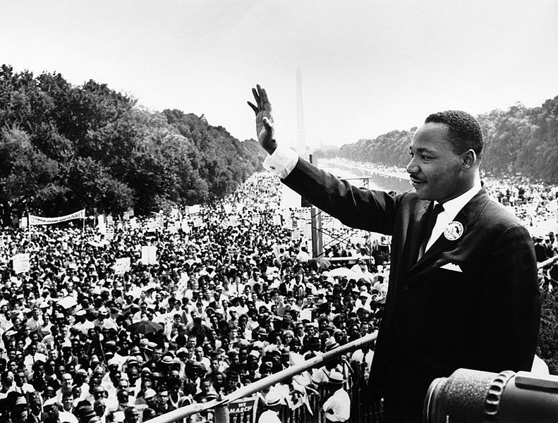 Martin Luther King Jr. addresses a crowd from the steps of the Lincoln Memorial where he delivered his famous speech during the Aug. 28, 1963, March on Washington, D.C. (Wikimedia Commons)