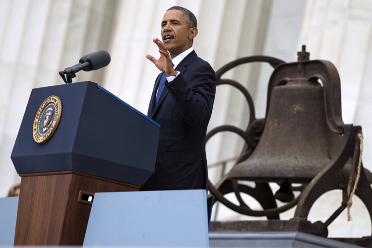 President Barack Obama speaks at a ceremony commemorating the 50th anniversary of the March on Washington, Aug. 28, 2013. (AP/Evan Vucci)