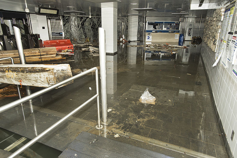 Manhattan's South Ferry subway station after it was flooded by seawater during Hurricane Sandy (Wikimedia commons)