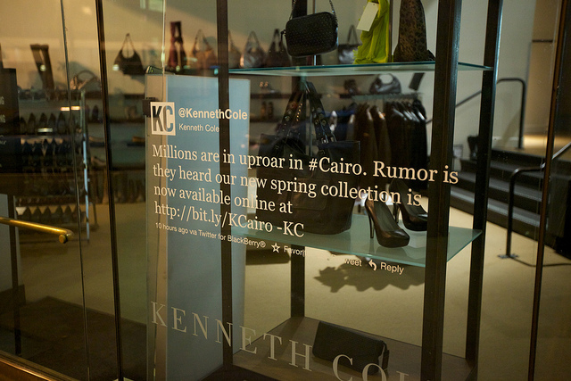 An insensitive tweet Cole wrote in 2011 amid violence in Egypt was emblazoned on a storefront in NYC (Flickr/mikest)