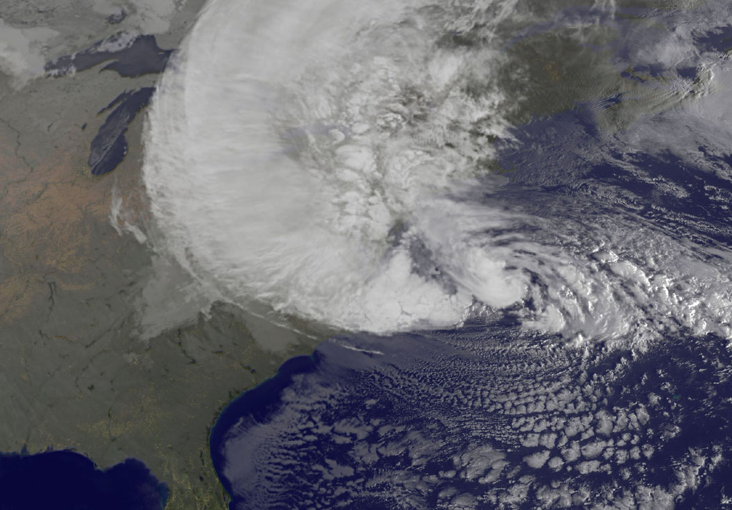 NOAA's GOES-13 satellite captured this visible image of Hurricane Sandy battering the U.S. East coast on Monday, Oct. 29 at 9:10 a.m. EDT. (NASA GOES Project)