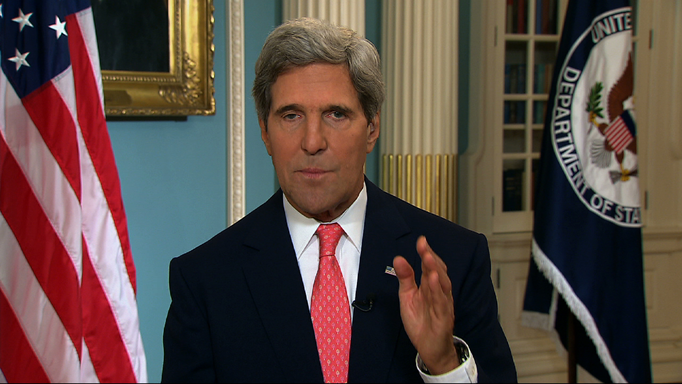 In this image from video U.S. Secretary of State John Kerry speaks from the State Department in Washington Sunday, Sept. 1, 2013, making a case for U.S. intervention in Syria. Kerry appeared at State in a series of interviews on Sunday news shows to say that the case for intervention in Syria's 2 1/2-year civil war was strengthening each day and that he expected American lawmakers to recognize the need for action when the "credibility of the United States is on the line." He said President Barack Obama has the authority to launch retaliatory strikes with or without Congress' approval, but Kerry stopped short of saying the president would do so if the House or Senate withholds support. (AP Photo/APTN) (Associated Press)