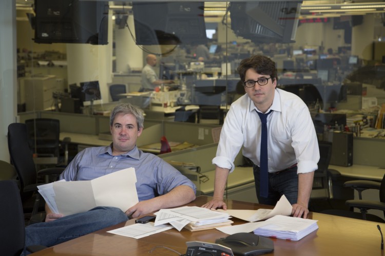 NEW YORK - JUNE 12: Pulitzer Prize winning reporters Matt Apuzzo, left, and Adam Goldman, right, pose for a portrait inside the Associated Press headquarters on June 12, 2013, in New York City. (Photo by Landon Nordeman) (Landon Nordeman)