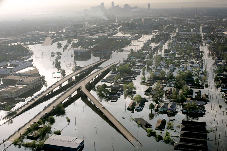 Floodwaters from Hurricane Katrina fill the streets near downtown New Orleans, Aug. 30, 2005 (AP/David J. Phillip)