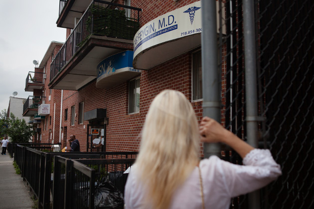 Lillian Imbert outside New York Service Network, the outpatient drug treatment clinic in Brooklyn, N.Y., where she says she was forced to go to avoid being evicted from her "sober" home. ((Melanie Burford for ProPublica))
