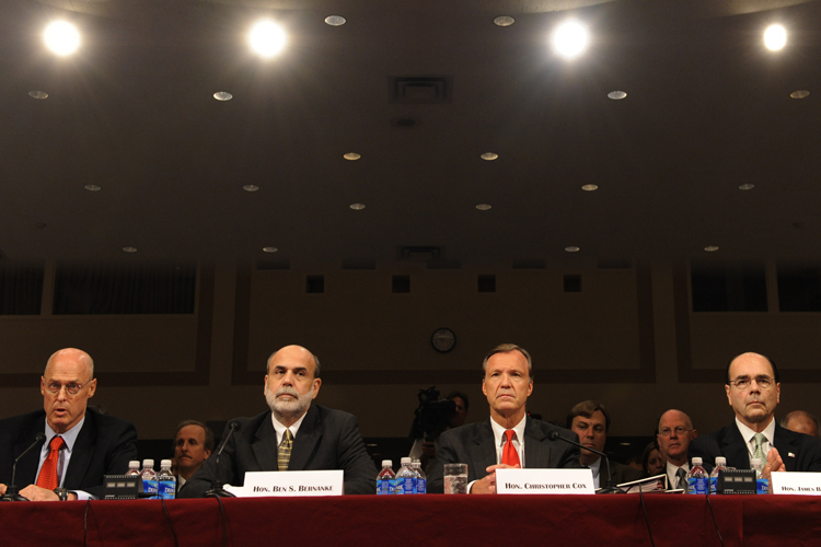 Henry Paulson, Ben Bernanke, Christopher Cox, and James Lockhart testify on Capitol Hill in Washington, Sept. 23, 2008, before the Senate Banking Committee. (AP/Susan Walsh)