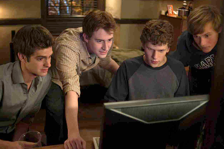 Andrew Garfield, Joseph Mazzello, Jesse Eisenberg and Patrick Maple in "The Social Network."