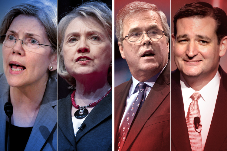 Elizabeth Warren, Hillary Clinton, Jeb Bush, Ted Cruz (Reuters/Jonathan Ernst/AP/Cliff Owen/Jacquelyn Martin/Jeff Malet, maletphoto.com/Salon)