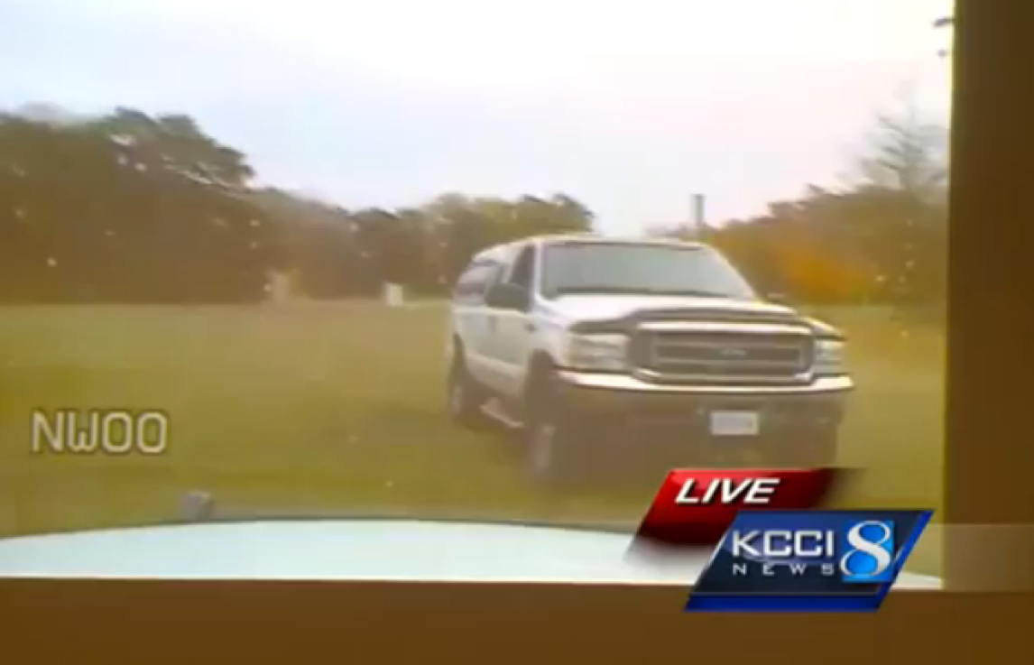 Police car dashboard footage of the truck stolen by Iowa man's son