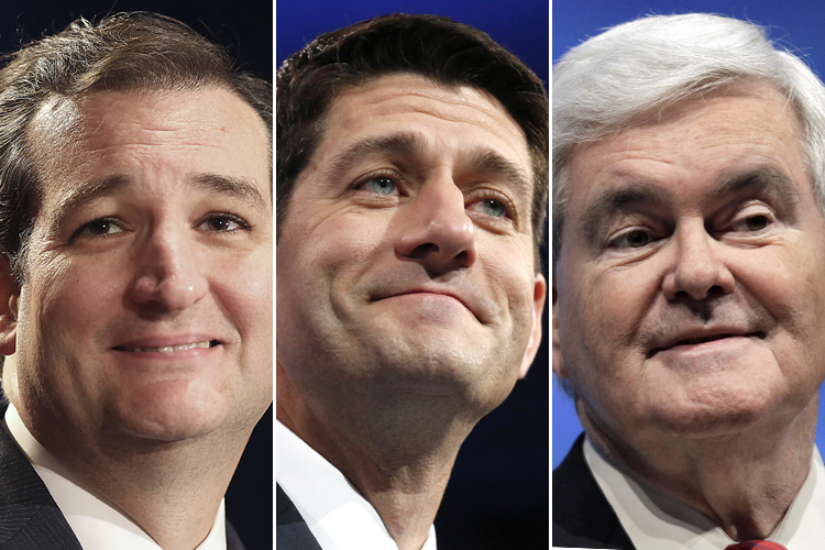 Ted Cruz, Paul Ryan, Newt Gingrich (Reuters/Joe Mitchell/Kevin Lamarque/AP/Michael Conroy)