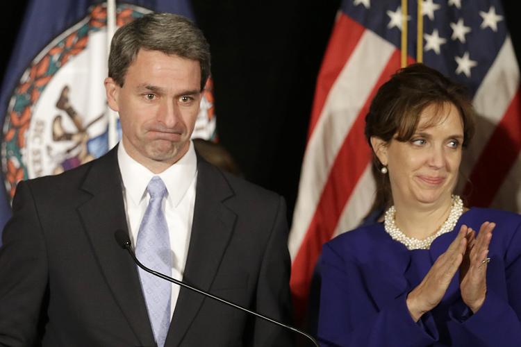 Ken Cuccinelli delivers his concession speech with his wife, Teiro, in Richmond, Va., Nov. 5, 2013. (AP/Steve Helber)