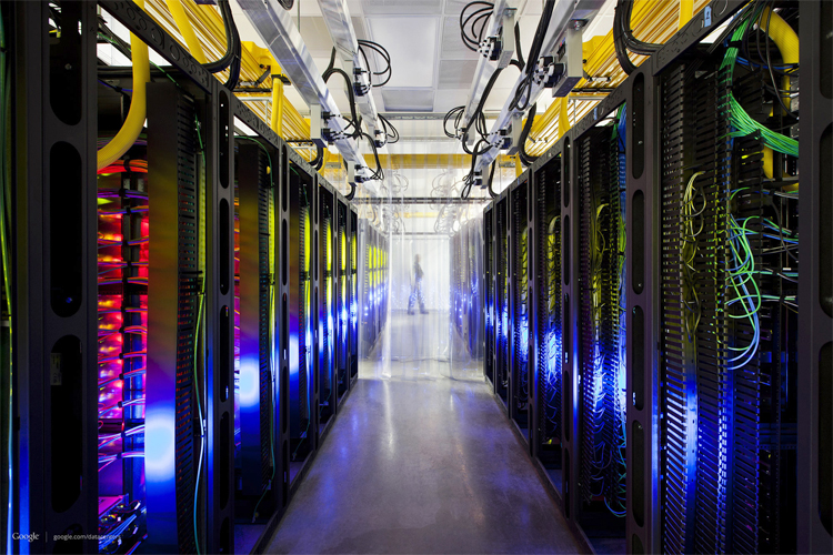 The campus-network room at a data center in Council Bluffs, Iowa. With the cooperation of foreign allies, the NSA is potentially gaining access to every email sent or received abroad, or between people abroad, from Google and Yahoo'­s email services, as well as anything in Google Docs, Maps or Voice, according to a series of articles in the Washington Post. (AP/Google/Connie Zhou)