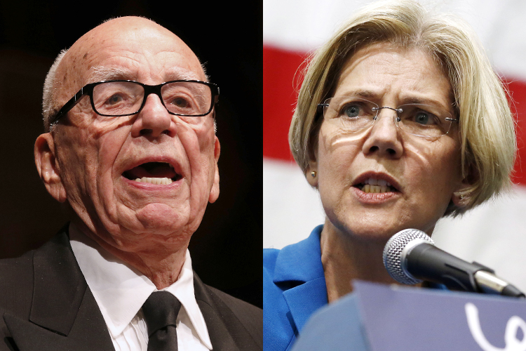 Rupert Murdoch, Elizabeth Warren (Reuters/David Gray/AP/Michael Dwyer)