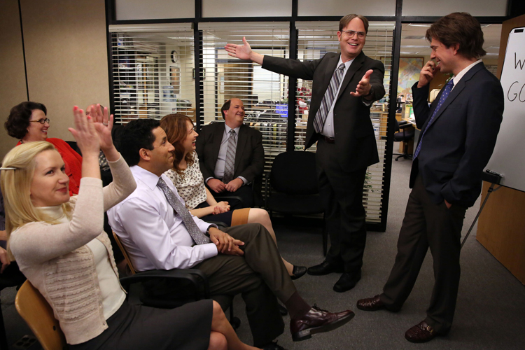 THE OFFICE -- "Couples Discount" Episode 916 -- Pictured: (l-r) Angela Kinsey as Angela Martin, Phyllis Smith as Phyllis Vance, Oscar Nunez as Oscar Martinez, Ellie Kemper as Erin Hannon, Brian Baumgartner as Kevin Malone, Rainn Wilson as Dwight Schrute, Ed Helms as Andy Bernard -- (Photo by: Byron Cohen/NBC) (Nbc)