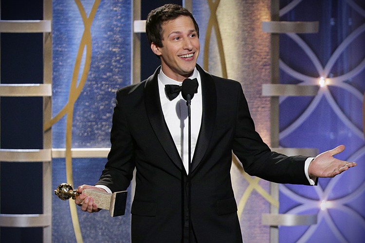 Andy Samberg accepting the award for best actor in a TV comedy series at the 71st annual Golden Globe Awards, Jan. 12, 2014. (AP/Paul Drinkwater)