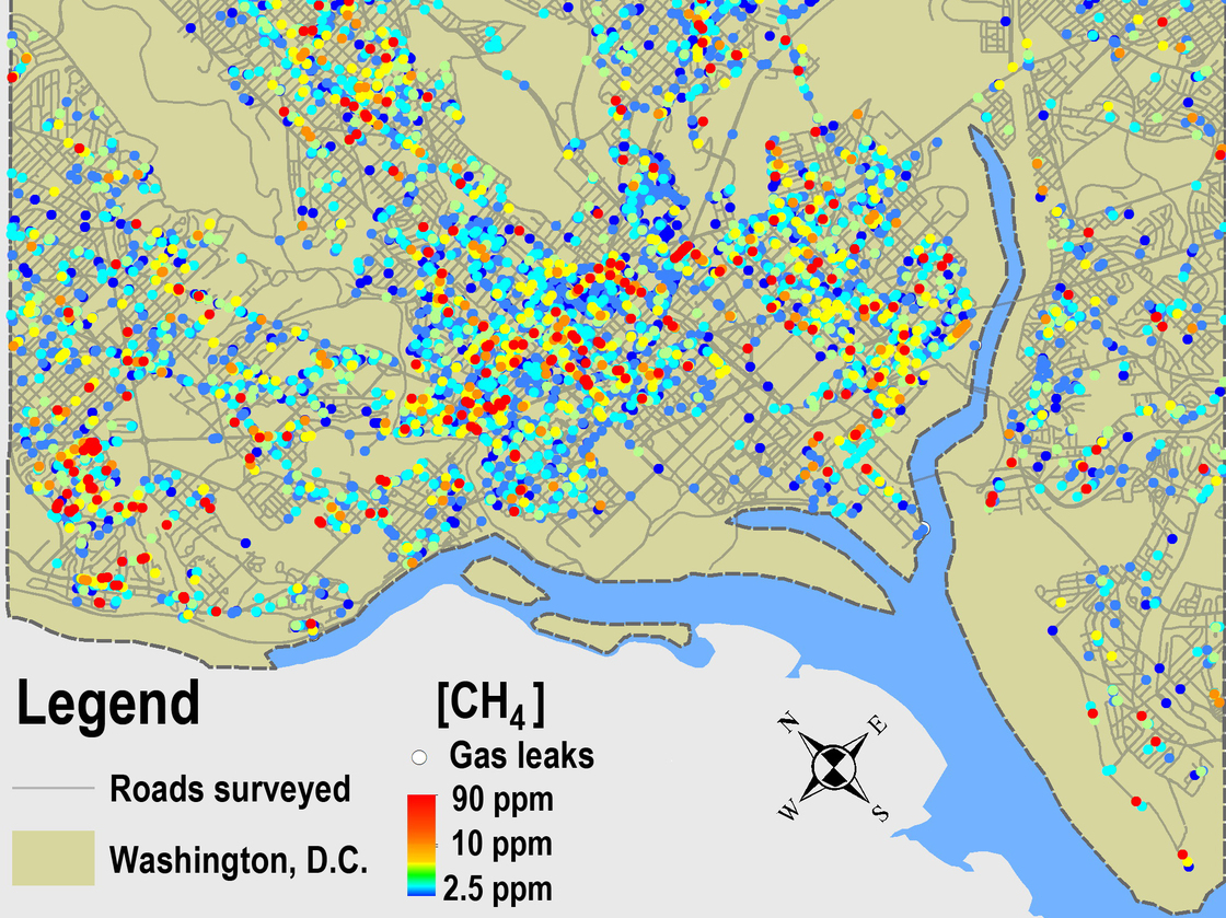 Methane leaks mapped across the 1,500 miles of roads of Washington, D.C. (Environmental Science and Technology)