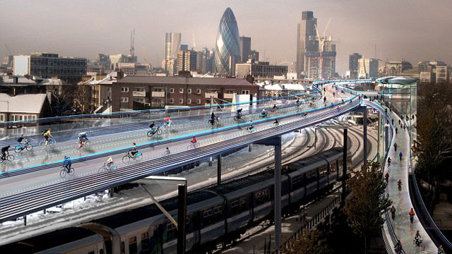 Proposed SkyCycle tracks would float above London's railways (Foster and Partners)