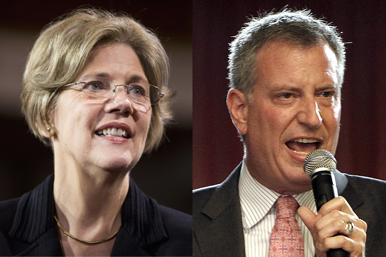 Elizabeth Warren, Bill de Blasio (Reuters/Joshua RobertsAP/Ricardo Arduengo)